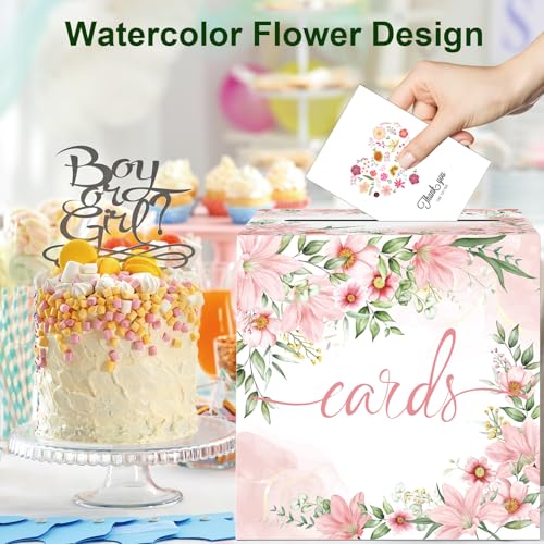 Watercolor Pink Floral Card Box Wedding Card Box Holder Gift Cards Receiving Box for Party Graduation Bridal or Baby Showe...
