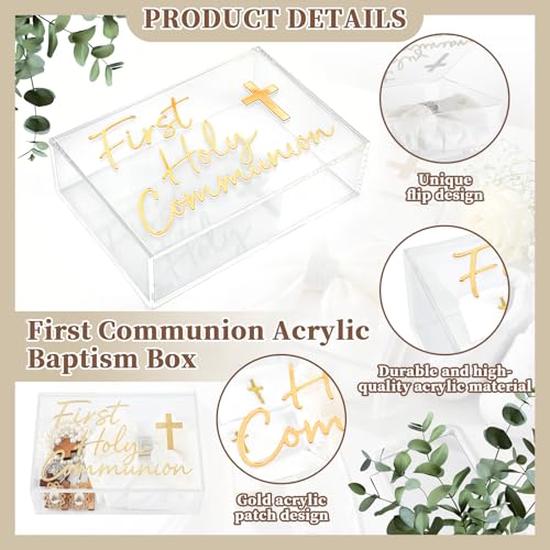 Fiwochic First Communion Keepsake Box Acrylic Baptism Memory Gift Box for Boy Girl Catholic Religious First Holy Communion...