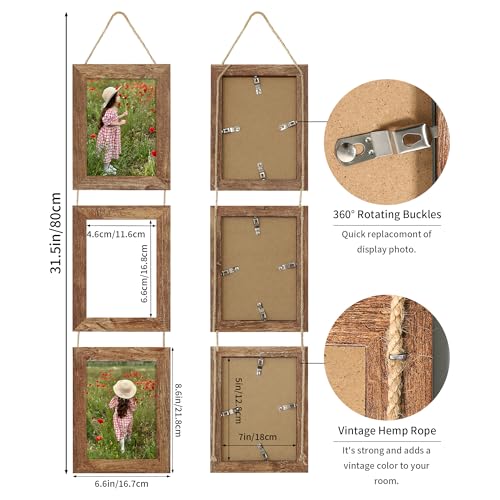 ccdcc 5x7 Collage Picture Frames Set of 2, Rustic Wooden Real Glass Vertical Hanging 3 Opening 5 by 7 Photo Frame, Rustic ...