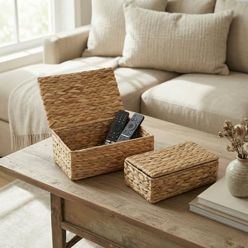 Decorative Storage Boxes with Lids - Set of 2 Beautiful Wicker Organizer Bins for Your Shelves & Home Decor - Safely Store...