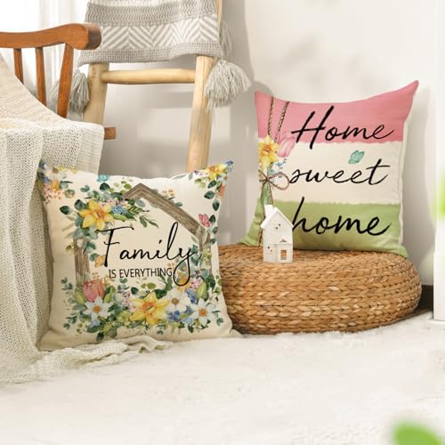 AVOIN colorlife Spring Home Sweet Home Family is Everything Floral Throw Pillow Covers, 18 x 18 Inch Cross Flowers Cushion...