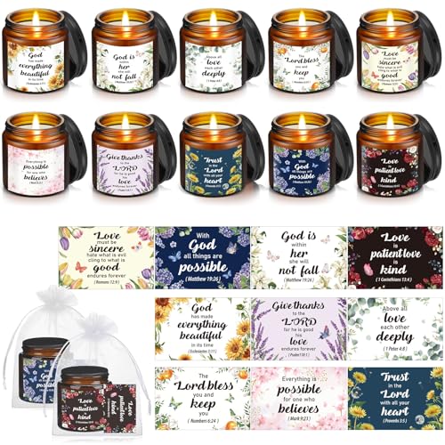 Landhoow 30 Pcs Christian Gifts for Women, 10 Pcs Scented Religious Bible Candles 10 Floral Verses Cards and 10 White Orga...