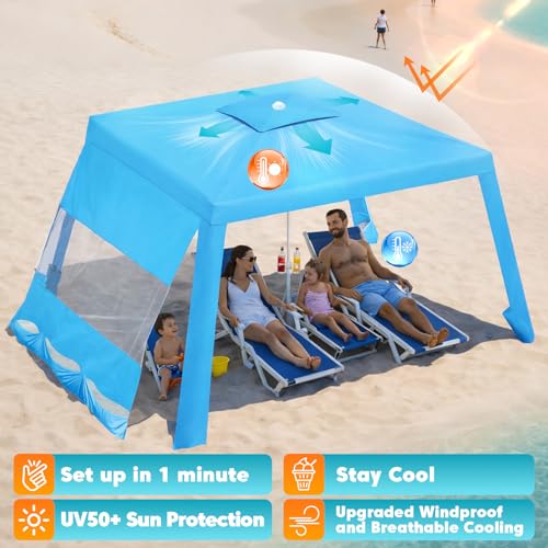 Purebox Beach Tent Shade Canopy - 8 * 8FT UPF50+ Beach Umbrella Sun Shelter 3Min Setup for 8 Person Cabana Tent with Sand ...