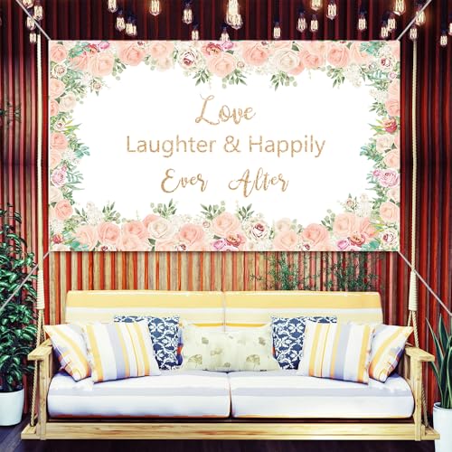 LOONELO Love Laughter Wedding Backdrop Banner with 70.8 X 43.3 inch, Happily Ever Floral Bridal Shower Hanging Banner Sign...