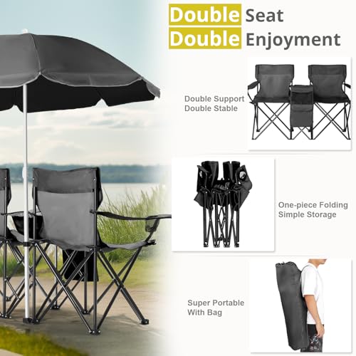 Outvita Folding Double Camping Chair w/Umbrella Beverage Holder Carrying Bag Cooler Fold Up Table, Large Bearing Capacity ...