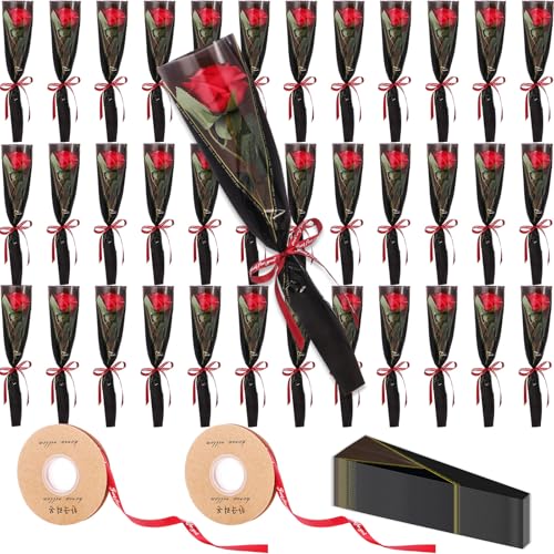 Zeyune 36 Pack Mother's Single Rose with Sleeves Set, Artificial Red Roses Bulk with Flower Sleeves, Single Stem Flower Wr...