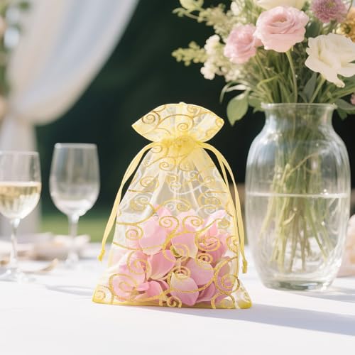 G2PLUS Organza Gift Bags 5x7 Inches - 50Pcs Sheer Mesh Organza Bags with Gold Rattan Printed, Drawstring Tulle Jewelry Pou...