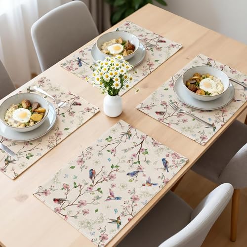 Cusugbaso Spring Placemats Set of 4 12x18 inch for Dinning Table - Floral Bird Branch Spring Decor for Party, Dinner - Far...