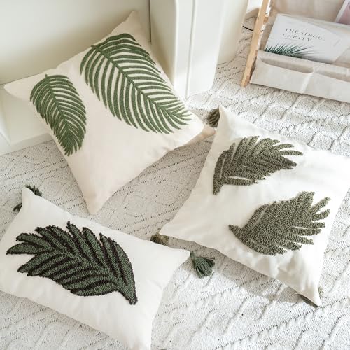 VANNCIO Linen Green Leaf Throw Pillow Cover, Square Pillowcase with Tufted Tropical Palm Leaves, Modern Decorative Cushion...