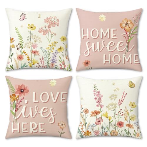 Bonhause Spring Floral Throw Pillow Covers 18x18 Inch Outdoor Pink Garden Wildflowers Plants Farmhouse Decorative Polyeste...
