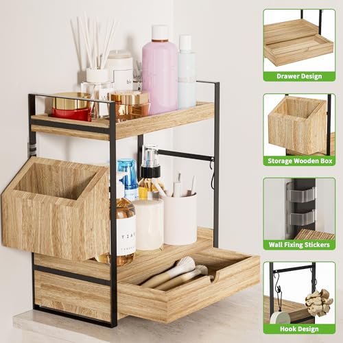 Aollewoiti 2-Tier Bathroom Counter Organizer with Drawer and Basket, Wood Countertop Organizer for Storage, Skincare Organ...