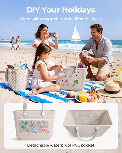 BAGSMART Large Beach Bag for Women with Cooler, Rubber Tote Bag with Charms, Waterproof Vacation Essentials for Swim Pool
