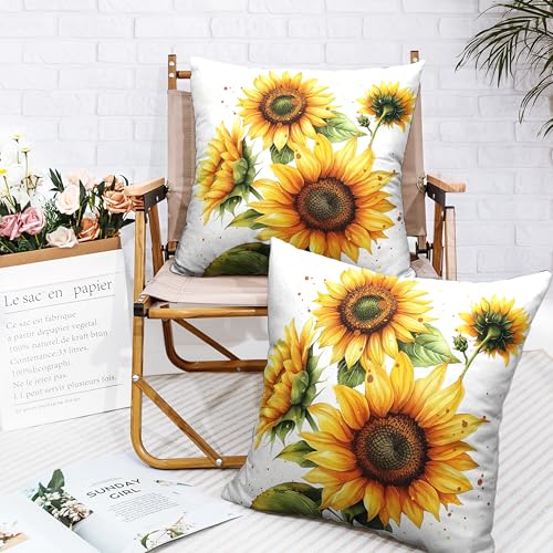 Kwlegh Sunflower Pillow Covers 18x18 Set of 2 Summer Throw Pillow Covers Yellow Flower Outdoor Pillow Case Square Cotton L...