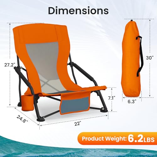 Foristrail Portable Folding Beach Chair for Adults - Lightweight Low Back Sling Chair with Cup Holder & Storage Pocket, 30...