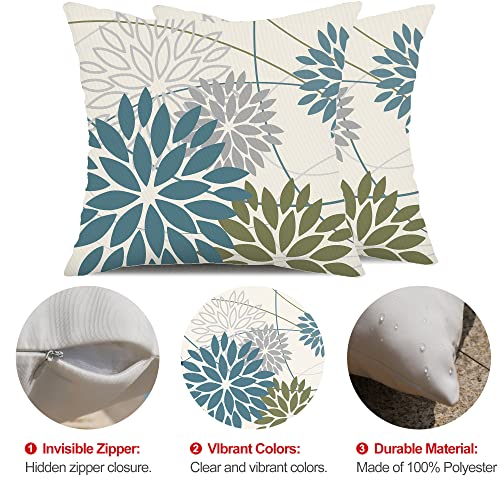 Blue Army Green Outdoor Pillow Covers Set of 2 18X18 Inch Teal Floral Elegant Polyester Flower Pillow Case Outdoor Waterpr...