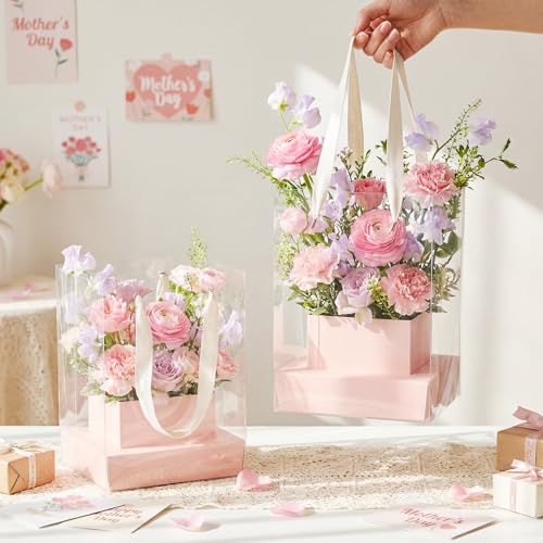 Kolldenn 12 Pack Clear Pink Flower Bouquet Bags with Handle, 9.45 Inch Mother's Day Boxes for Floral Arrangement, PVC Wate...