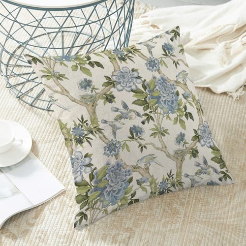 Sorktse Chinoiserie Pillow Covers 18x18 Inch Set of 2 Blue Green Floral Bird Throw Pillows Vintage Chinoiserie Flower Pill...