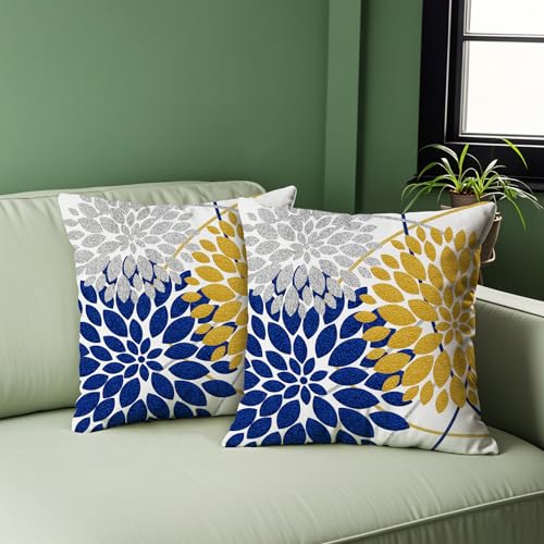 Decorative Throw Pillow Covers Set of 2 Double-Sided 18x18 inch White Linen Yellow Navy Blue Silver Grey Pillow Cases Farm...