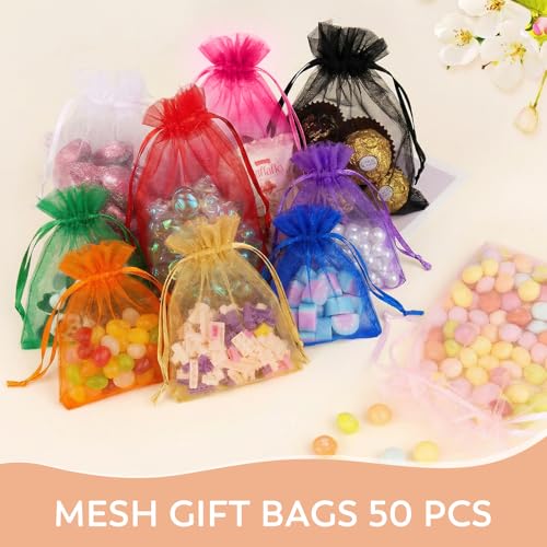 Crweety 50 PCS Organza Bags 3x4 Multicolor, Small Gift Bags for Jewelry Candy Goodie Treat Sachet, Mesh Gift Bag Drawstrin...
