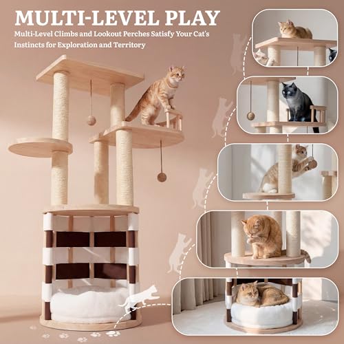 YITAHOME Stable Pine Wood Cat Tree, Multi-Level Cat Tower with Cat House, Observation Perches, Plush Bed, Sisal Scratching...