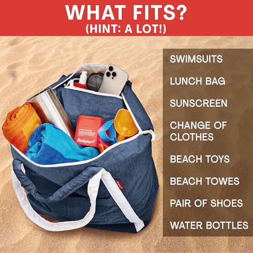 Bodysurf Beach Bags Waterproof Sandproof - Packable Foldable Nylon Zipper Tote Bag for Travel Lightweight, Pool, Boat, Cruise