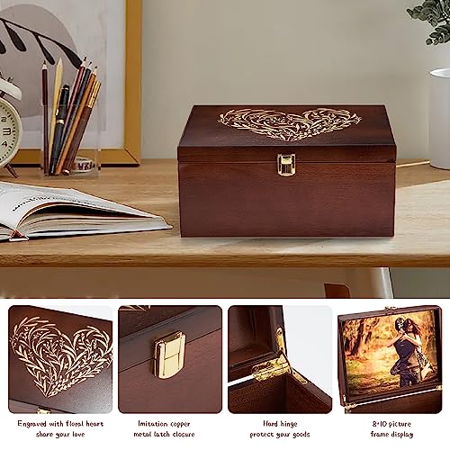Larger Wooden Memory Keepsake Box with Hinged Lid & 8x10 Photo Frame Inside Lid – Decorative Storage Box With a Hinge Lids...