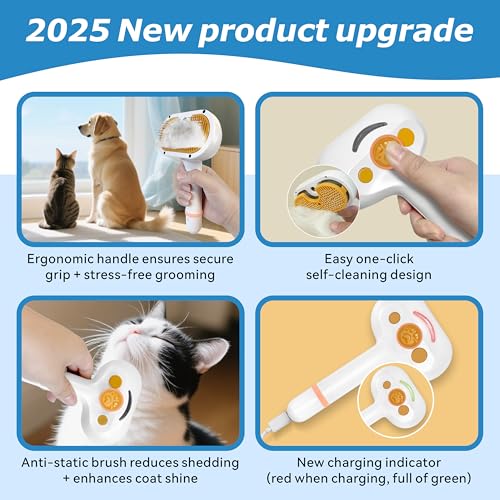 4-in-1 Pet Steam Brush for Dog & cat brush for shedding，Spray Hair Removal Comb with Waterless Shampoo–Self-Cleaning Pet G...