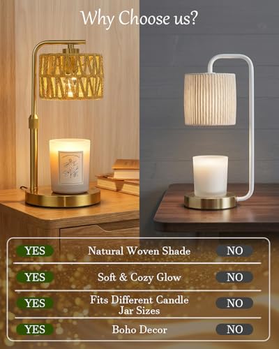 Candle Warmer Lamp with Timer, Dimmable Candle Warmer for Jar Candles, Height Adjustable Candle Lamp Warmer, Boho Rattan L...