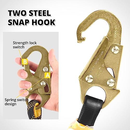 TRSMIMA Rope Harness Safety Lanyard：50ft Vertical Roofing Rope with Grab Snap Hooks Shock Absorber - Fall Protection Tree ...