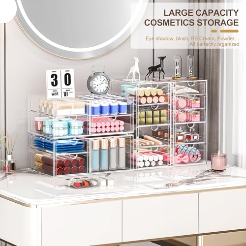 caktraie Makeup Organizer Storage with 16 Drawers, 4 Pcs Desktop Office Supplies, Desk Organizers, Clear Accessories, Dust...