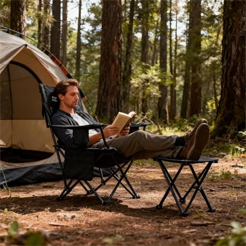 FAIR WIND Oversized Padded Camping Chair with Footrest Stool Set Heavy Duty Support 300 LBS Cooler Bag - Black