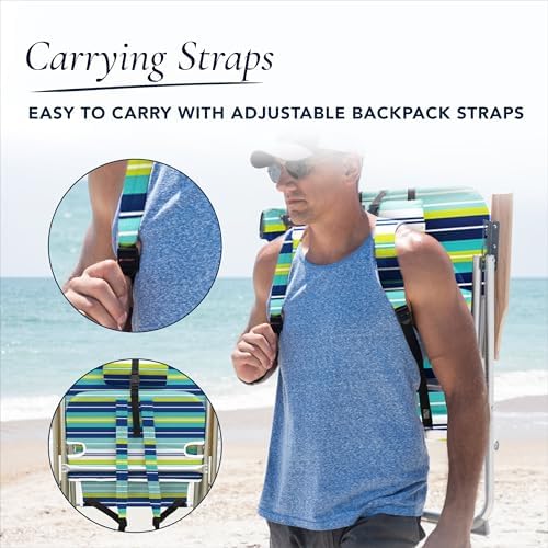 CARIBBEAN JOE Folding Beach Chair, 4 Position Portable Backpack Foldable Camping Chair with Headrest, Cup Holder, and Wood...