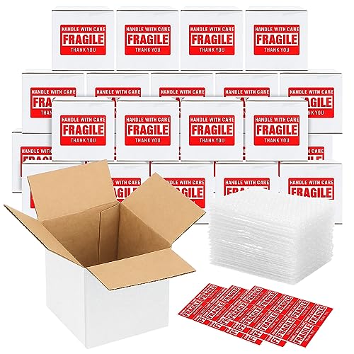 25Pack 5x5x5 Shipping Boxes for Small Business,White Mailing Boxes with Bubble Bags & Fragile Stickers for Mailing and Pac...
