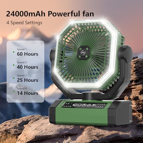 Allsion Portable Fan, 24000mAh Rechargeable fan with Remote & LED, Camping Fan 4 Speed Strong Airflow, Desk/Camping/Outdoo...