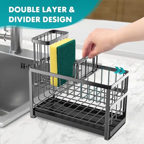 Sinnsally Kitchen Sponge Holder,Sink Caddy Organizer with High Brush Holder,Stainless Steel Sink Box Dish Scrubber Holder,...