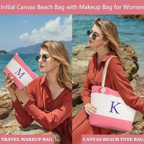 YOOLIFE Beach Bags for Women - Initial Canvas Waterproof Beach Tote Bag, Mothers Day Gifts for Women Mom Wife Friend