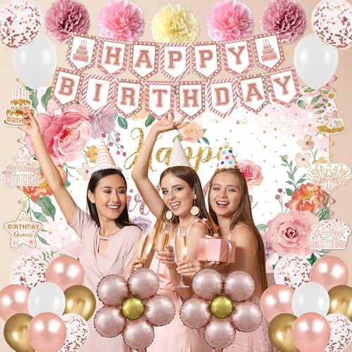 Holkcog Flower Birthfday Party Decorations for Girl, Pink Florals Ballons Banner Background, Cake Tppper, Garden Tea Party...