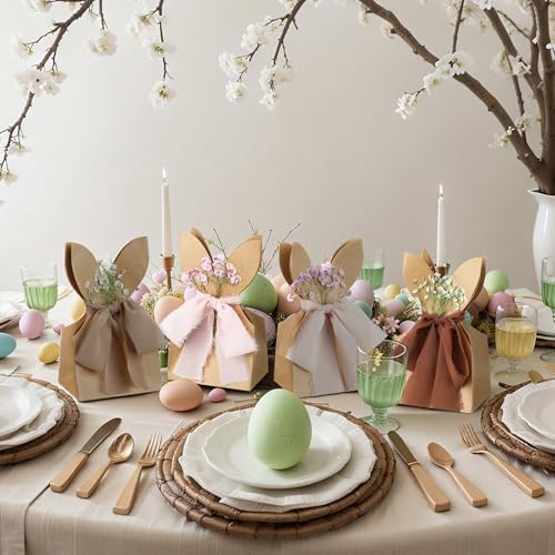 Affrolling 24 Set Boho Bow Easter Bunny Party Favor Bags DIY Bunny Gift Boxes with Neutral Bow Ribbon and Dried Flowers Ru...