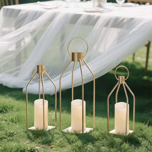 Kehail Elegant Gold Decorative Lanterns Set of 3-19/16/13 Inch Metal Indoor Lanterns Decorative with Flickering LED Candle...