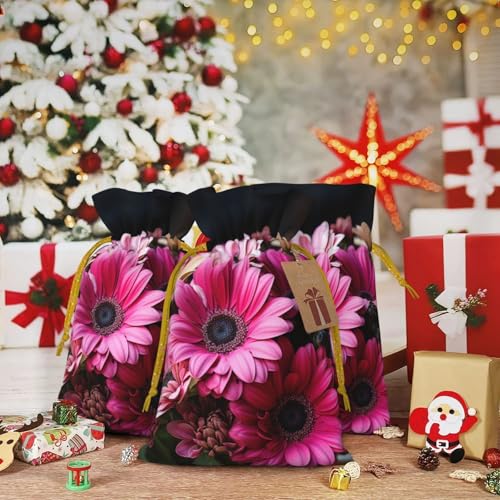 LHBZXMKJ Pink Orange Daisy Flower Print Drawstring Present Bags Christmas gifts Wrapping Sacks Pouches for Xmas Party ﻿