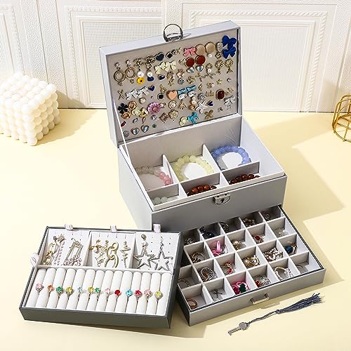 BOOVO Earring Jewelry Box For Women Girl Stud Organizer, 5 Layers Girl Jewelry Organizer Box With Lock Earring Holder Orga...