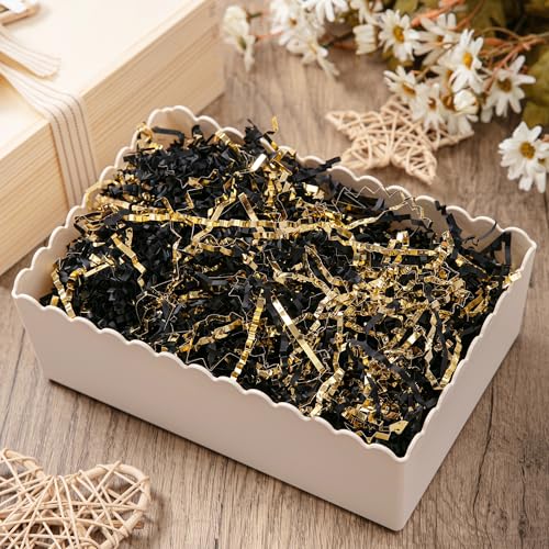 Mefleet 1/2 LB Crinkle Cut Paper Shred Filler 8 oz Black & Gold Crinkle Shredded Paper for Gift Box - Gift Basket Bag Fill...