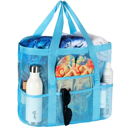 Tavaleu Mesh Beach Bag - Large Beach Tote with Multi Functional Pockets for Family Travel/Vacation