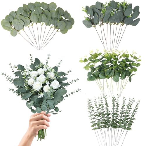 N MAGEAN Eucalyptus Leaves Stems 60 PCS, 4 Kinds Mixed Artificial Greenery Stems for Wedding Decor Vase Floral Arrangement...