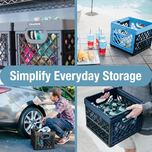 CleverMade Collapsible Milk Crate 25L (6.6 Gal), 50 lb Capacity Heavy Duty Folding Crate – Stackable Storage Crates with F...