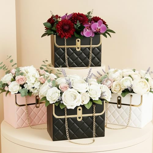 Flower Paper Gift Box, 4PCS Bouquet Storage Bucket Paper Flower Handbag Boxes with Metal Chain Flower Bags for Bouquets Mo...