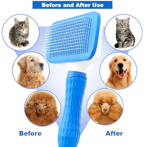Generic Pet Grooming Brush, Blue - Self Cleaning Hair Brush for Dogs and Cats, Removes Loose Undercoat, Bristles with Mass...