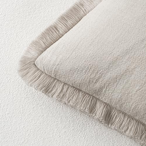MIULEE Decorative Throw Pillow Covers Neutral Linen Fringe Throw Pillows Set of 2 Natural Beige Boho Farmhouse Cushion Cov...