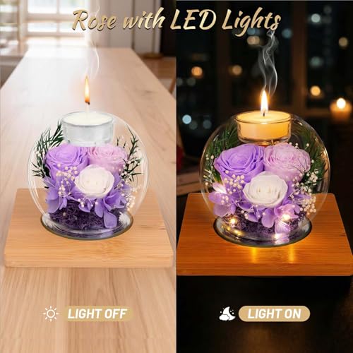 Preserved Light Purple Real Rose in Glass with Scented Candles–Forever Flower Romantic Anniversary Mothers Day Christmas B...