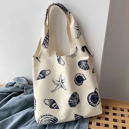 Beach Inspired Canvas Tote Bag For Women, Nautical Seashell And Starfish Print, Casual Shoulder Bag Aesthetic, Cute Small ...